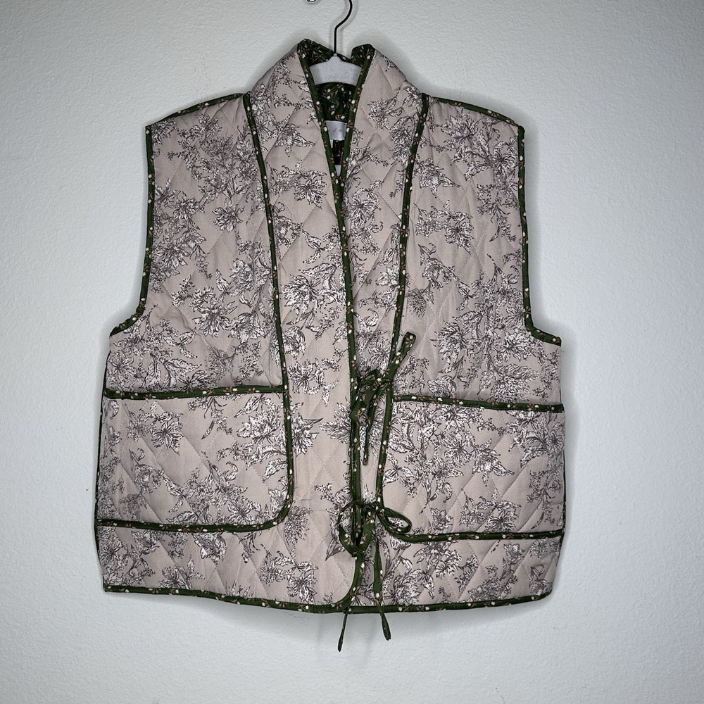 Entro Floral Quilted Boho Vest L Cottage Core Spring Tie Front
